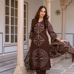 Brown Bandhani Cotton Kurta Set with Mul Cotton Dupatta & Palazzo