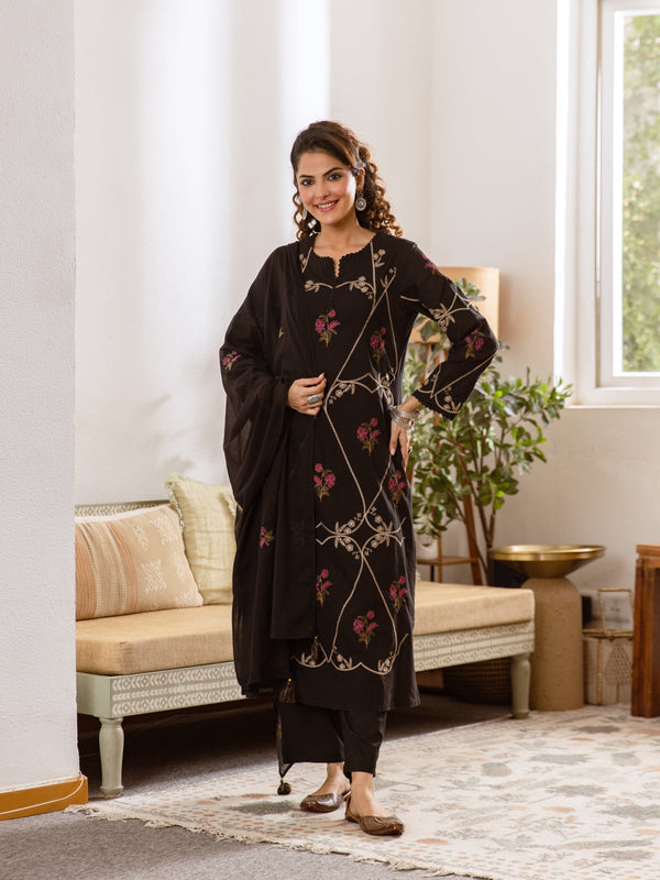 Women's Embroidered Cotton Kurta Dupatta Set