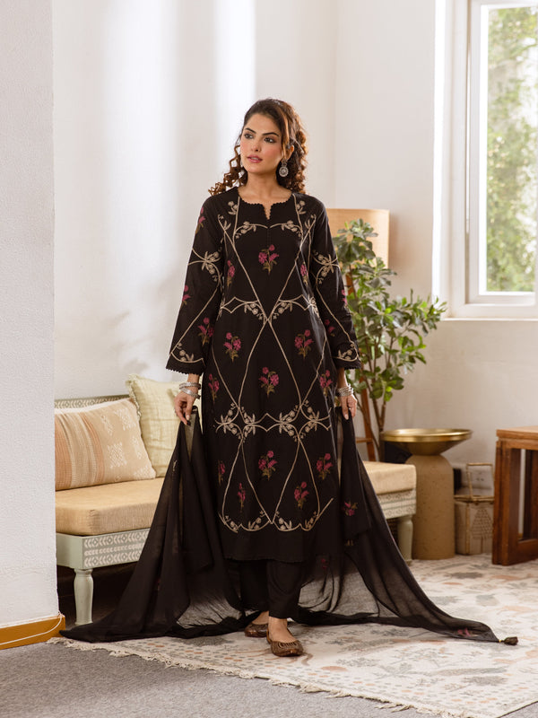Women's Embroidered Cotton Kurta Dupatta Set
