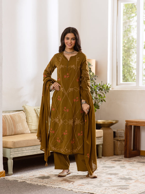 Embroidered Cotton Kurta Set with Pants & Dupatta