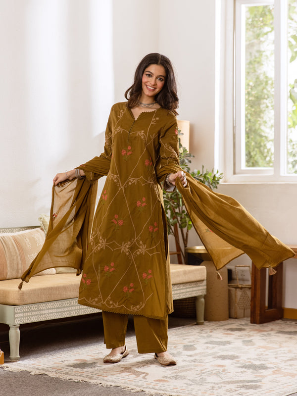 Embroidered Cotton Kurta Set with Pants & Dupatta
