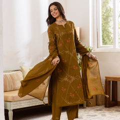 Embroidered Cotton Kurta Set with Pants & Dupatta