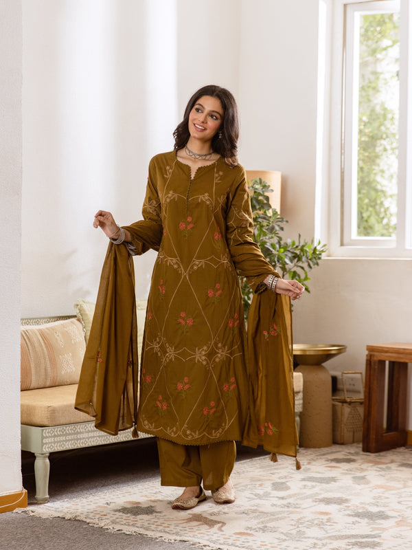 Embroidered Cotton Kurta Set with Pants & Dupatta