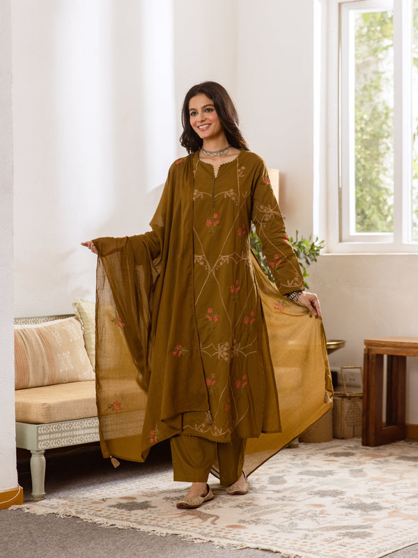Embroidered Cotton Kurta Set with Pants & Dupatta