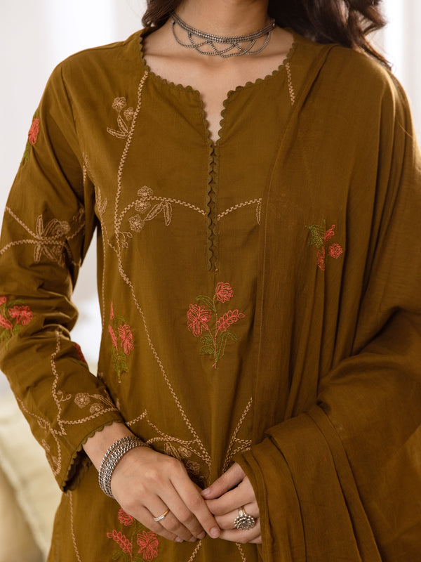 Embroidered Cotton Kurta Set with Pants & Dupatta