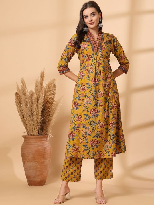 Women’s Cotton Floral Yellow Kurta Set with Dupatta