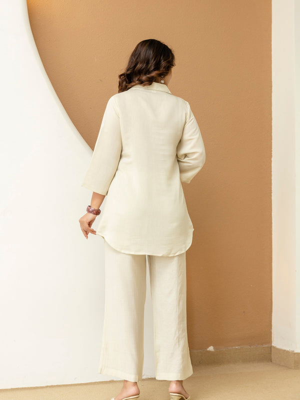 Off White Cotton Mulmul Crush Co-Ord Set