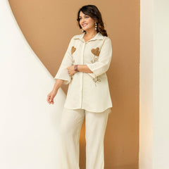 Off White Cotton Mulmul Crush Co-Ord Set