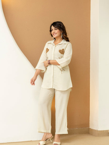 Off White Cotton Mulmul Crush Co-Ord Set