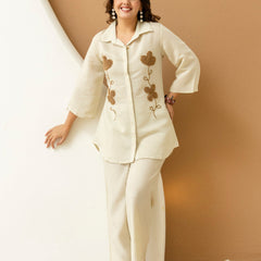 Off White Cotton Mulmul Crush Co-Ord Set
