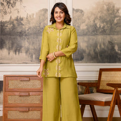 Olive Green Cotton Mulmul Crush Co-Ord Set