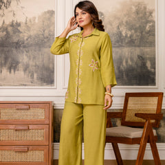 Olive Green Cotton Mulmul Crush Co-Ord Set