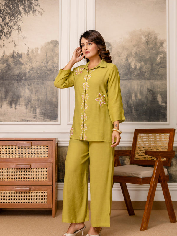 Olive Green Cotton Mulmul Crush Co-Ord Set