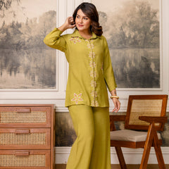 Olive Green Cotton Mulmul Crush Co-Ord Set