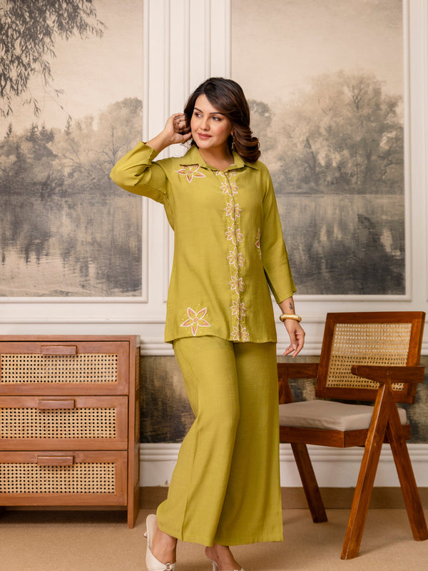 Olive Green Cotton Mulmul Crush Co-Ord Set