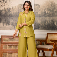 Olive Green Cotton Mulmul Crush Co-Ord Set