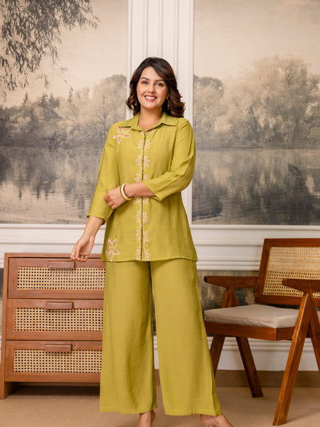 Olive Green Cotton Mulmul Crush Co-Ord Set