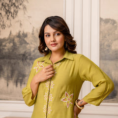Olive Green Cotton Mulmul Crush Co-Ord Set