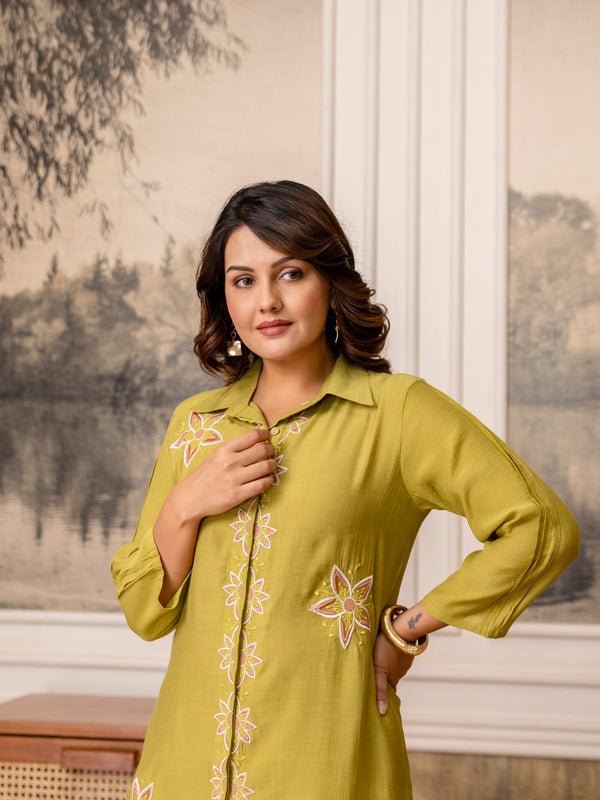 Olive Green Cotton Mulmul Crush Co-Ord Set