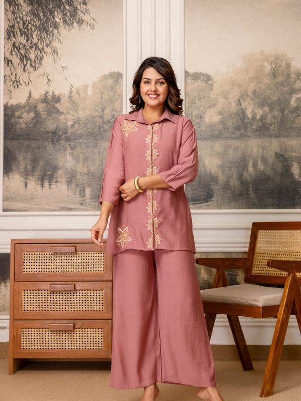 Dusty Pink Cotton Mulmul Crush Co-Ord Set