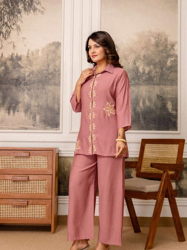 Dusty Pink Cotton Mulmul Crush Co-Ord Set