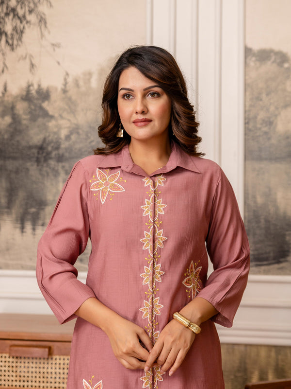 Dusty Pink Cotton Mulmul Crush Co-Ord Set