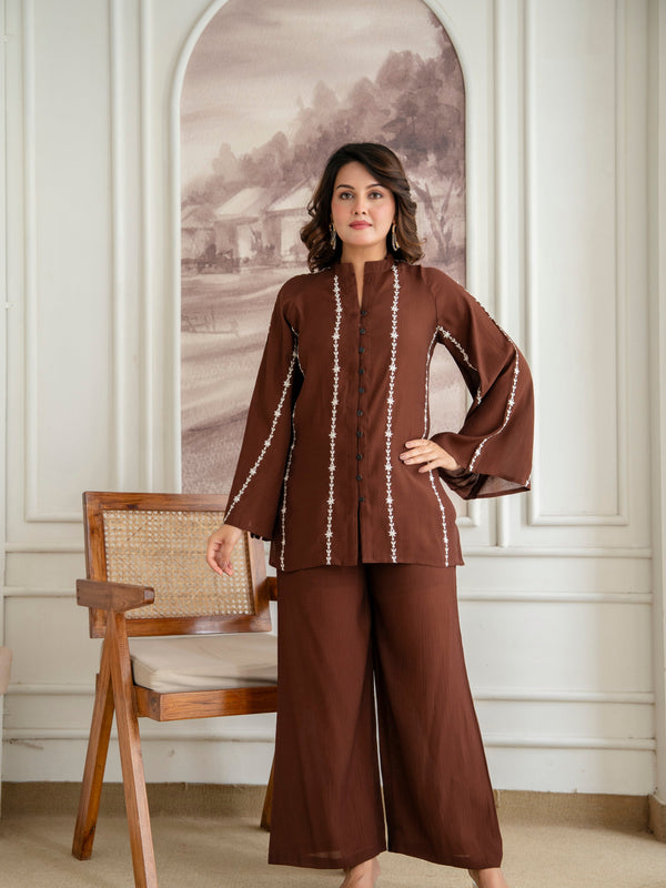 Brown Cotton Mulmul Crush Co-Ord Set