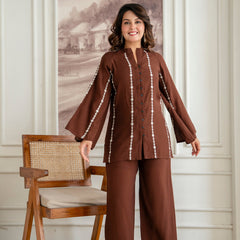 Brown Cotton Mulmul Crush Co-Ord Set