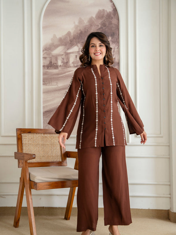 Brown Cotton Mulmul Crush Co-Ord Set