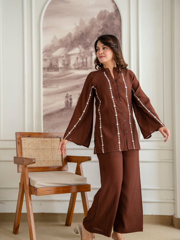 Brown Cotton Mulmul Crush Co-Ord Set