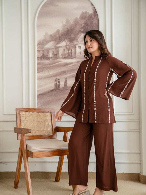 Brown Cotton Mulmul Crush Co-Ord Set