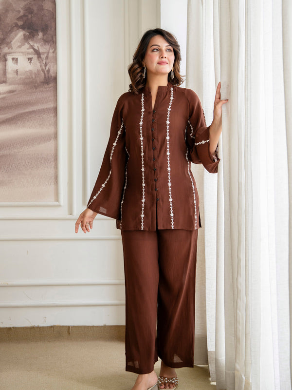 Brown Cotton Mulmul Crush Co-Ord Set