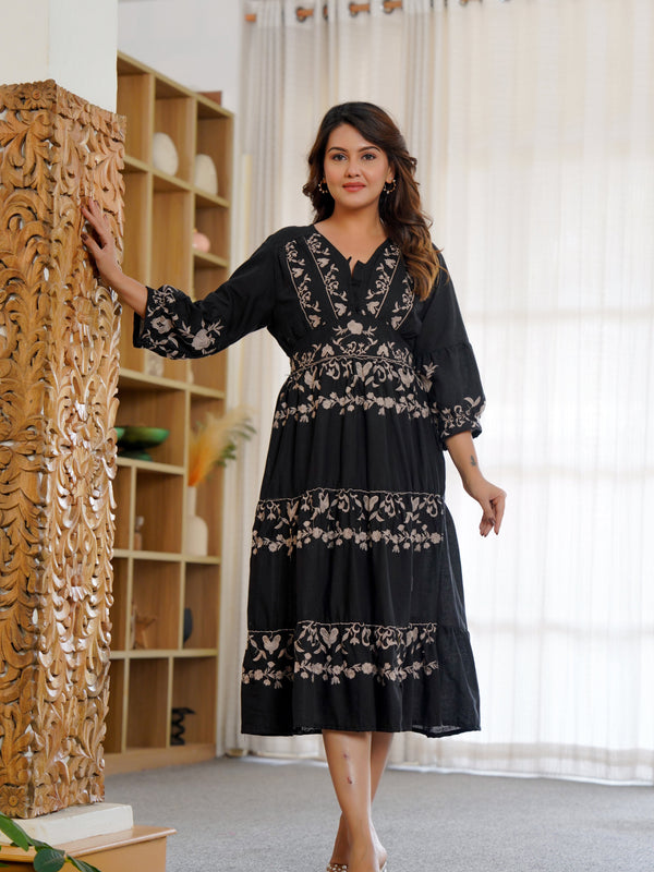 Cotton Hand Embroidered Floral Black Dress