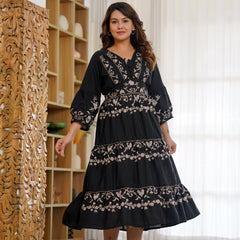 Cotton Hand Embroidered Floral Black Dress