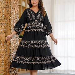 Cotton Hand Embroidered Floral Black Dress