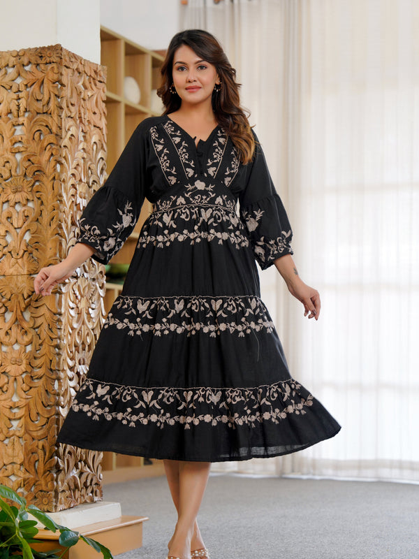 Cotton Hand Embroidered Floral Black Dress