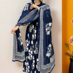 Women’s Cotton Motifs Navy Blue A-Line Kurta Set with Dupatta