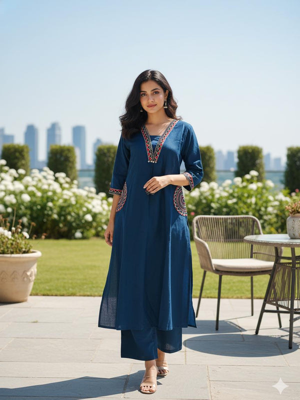 Cotton Embroidered  Kurta Set