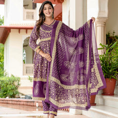 Women’s Pure Cotton Purple Ethnic Printed Kurta Set with Pants & Dupatta
