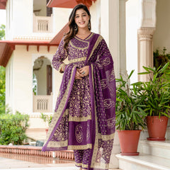 Women’s Pure Cotton Purple Ethnic Printed Kurta Set with Pants & Dupatta