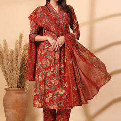 Women’s Cotton Floral Red Kurta Set with Dupatta