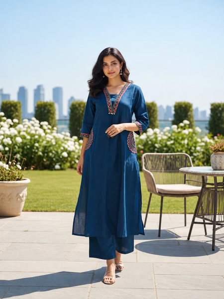 Cotton Embroidered  Kurta Set