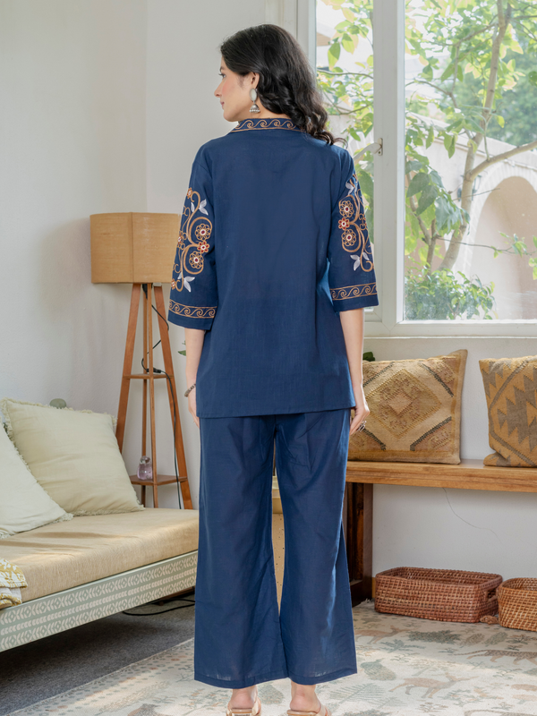 Women Royal Blue Embroidered Thread Work Pure Cotton coord set