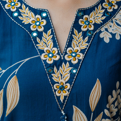 Women  Blue  Floral Printed V-Neck  Pure Cotton embroidered Kurta dupatta set