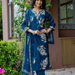 Women  Blue  Floral Printed V-Neck  Pure Cotton embroidered Kurta dupatta set