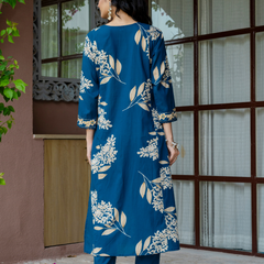 Women  Blue  Floral Printed V-Neck  Pure Cotton embroidered Kurta dupatta set