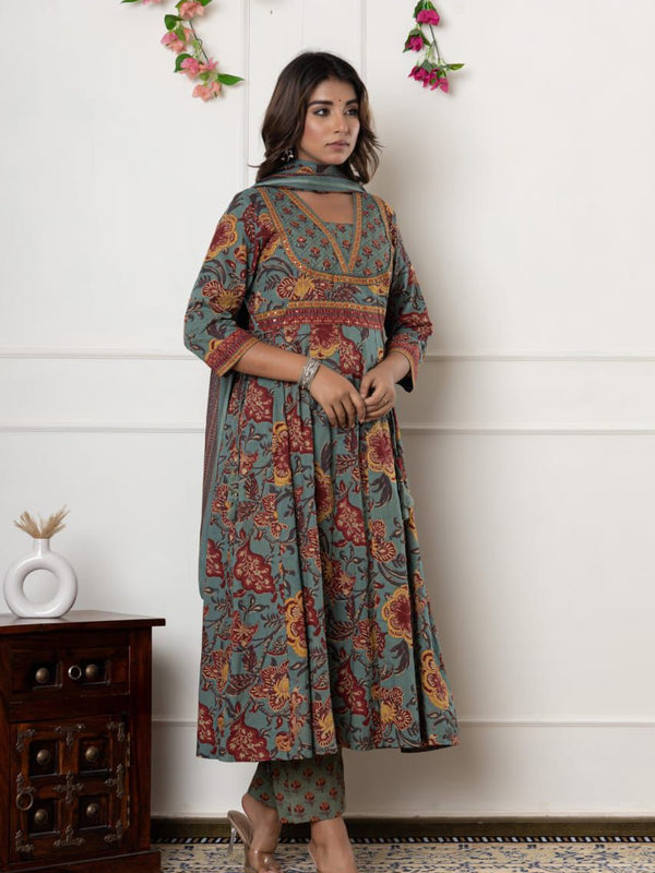 Women’s Cotton Motifs Sage Green Kurta Set with Dupatta