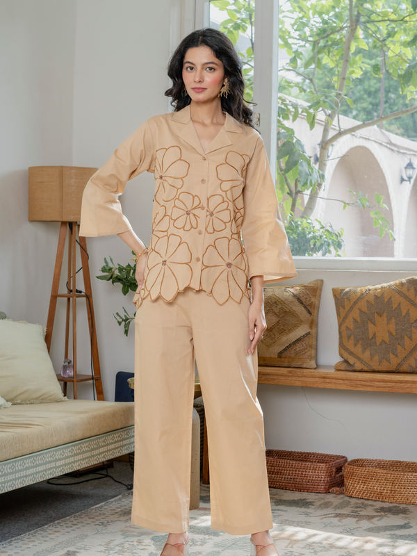 Women Beige Embroidered Thread Work Pure Cotton coord set with cutwork
