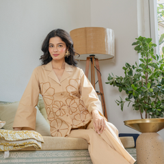 Women Beige Embroidered Thread Work Pure Cotton coord set with cutwork